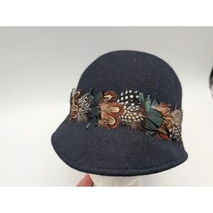 Madison 88 New York City Navy 100% Wool Cloche Hat with Feather Trim Band